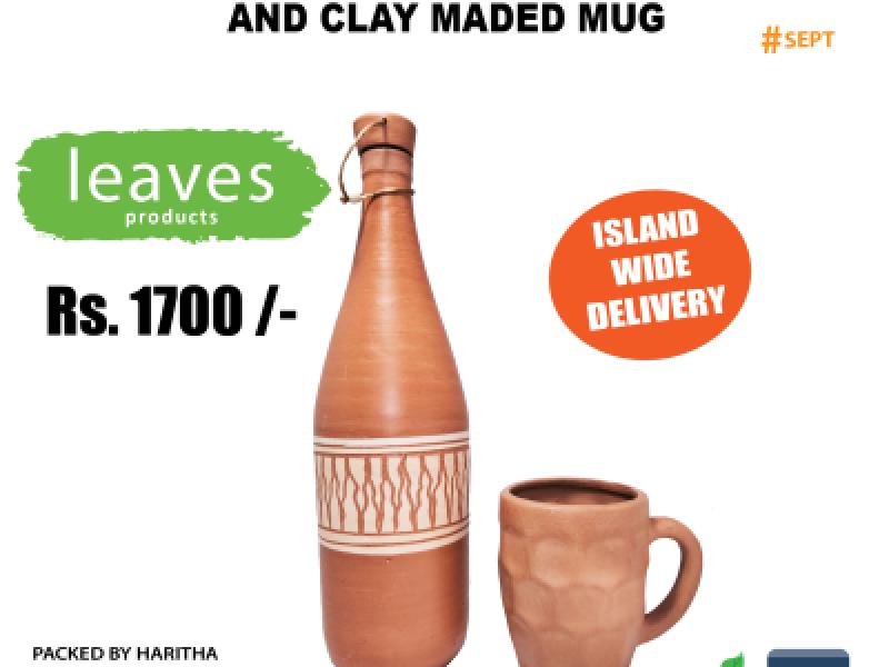 Natural Water Cooling Long Necked Clay Bottle with Cork and One Clay Mug - Clay and Potty Products